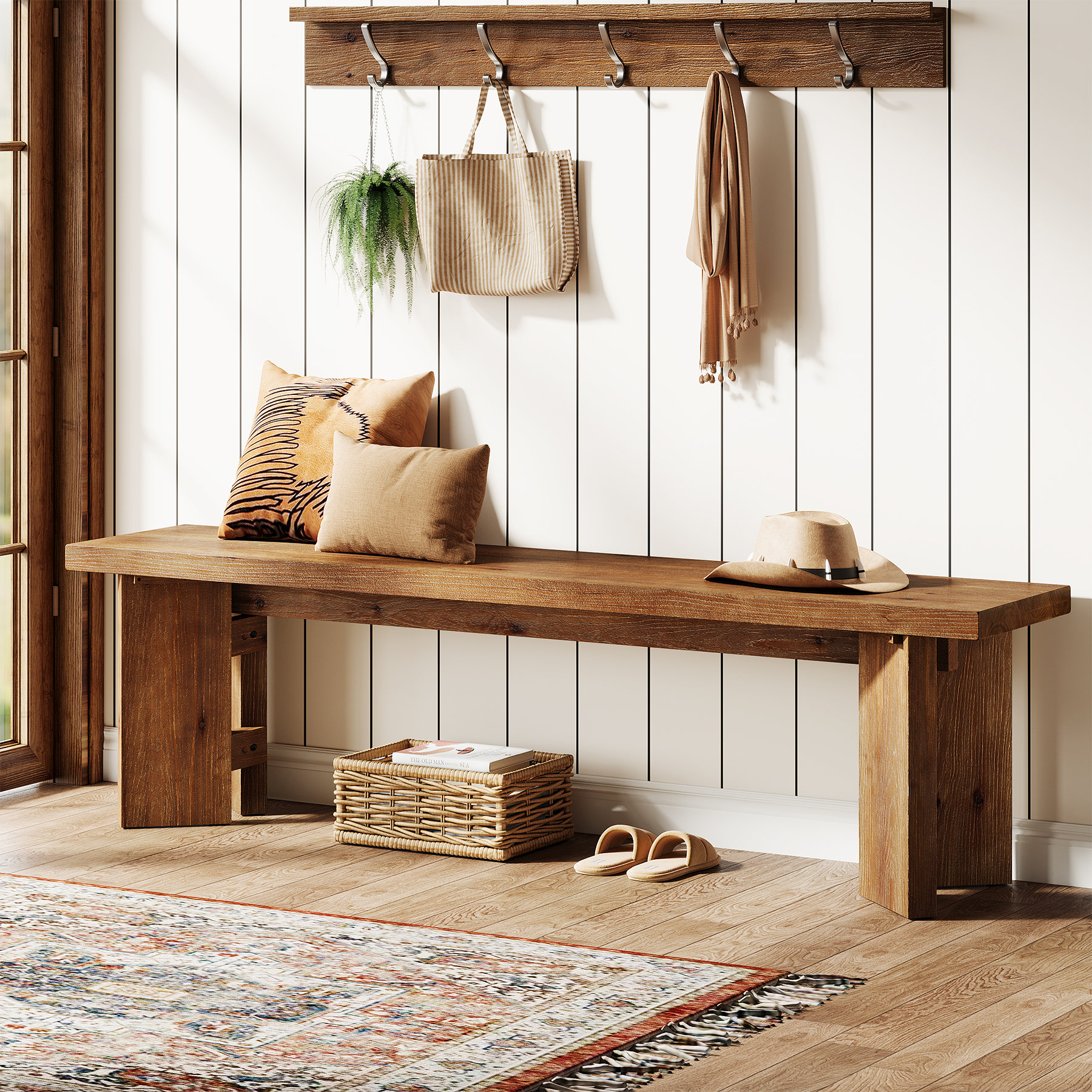 Millwood Pines Solid Wood Bench, 62.99" Farmhouse Entryway Bench